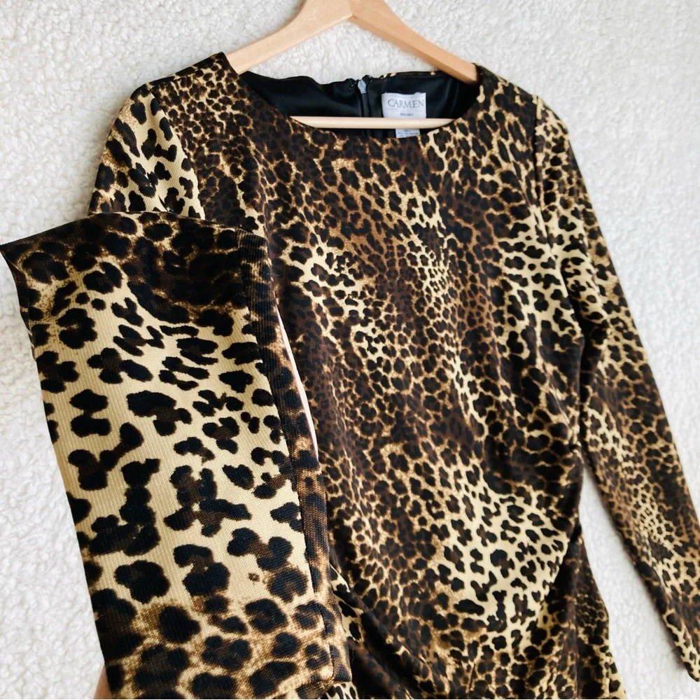 Carmen Marc Valvo leopard print long sleeve jersey knit bodycon midi dress, Sz M - Picture 5 of 16